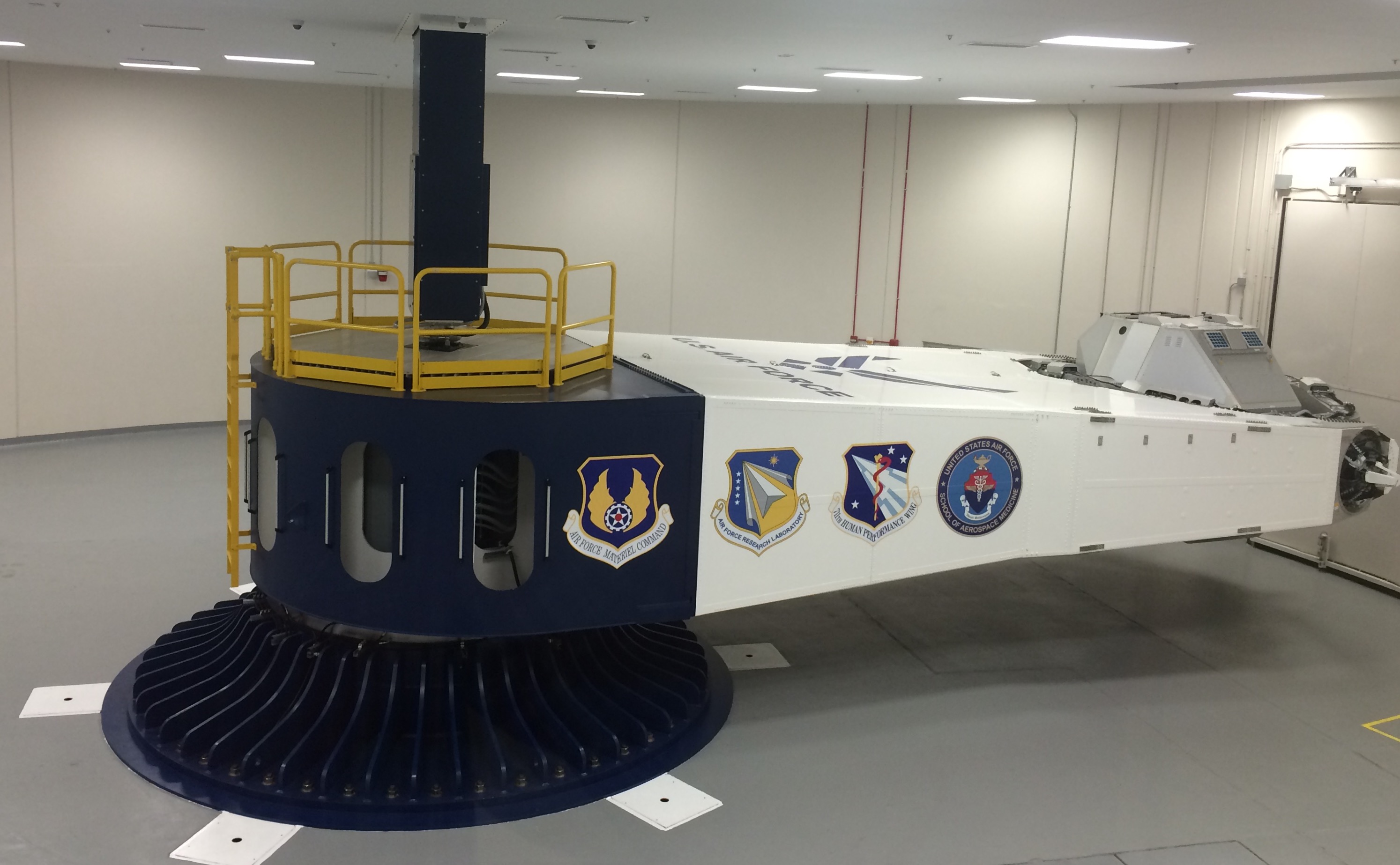 Aircrew acceleration training and research/testing missions are conducted in the centrifuge